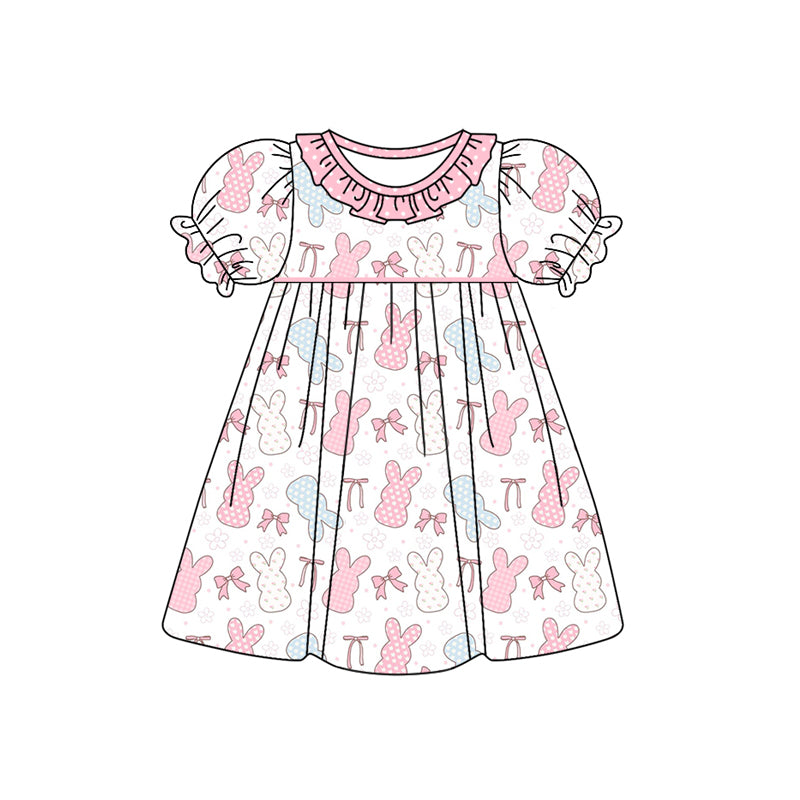 Baby Girl Toddler Short Sleeves Easter Rabbit Bow Flower Knee Length Dress