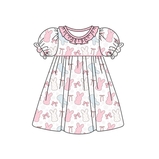 Baby Girl Toddler Short Sleeves Easter Rabbit Bow Flower Knee Length Dress