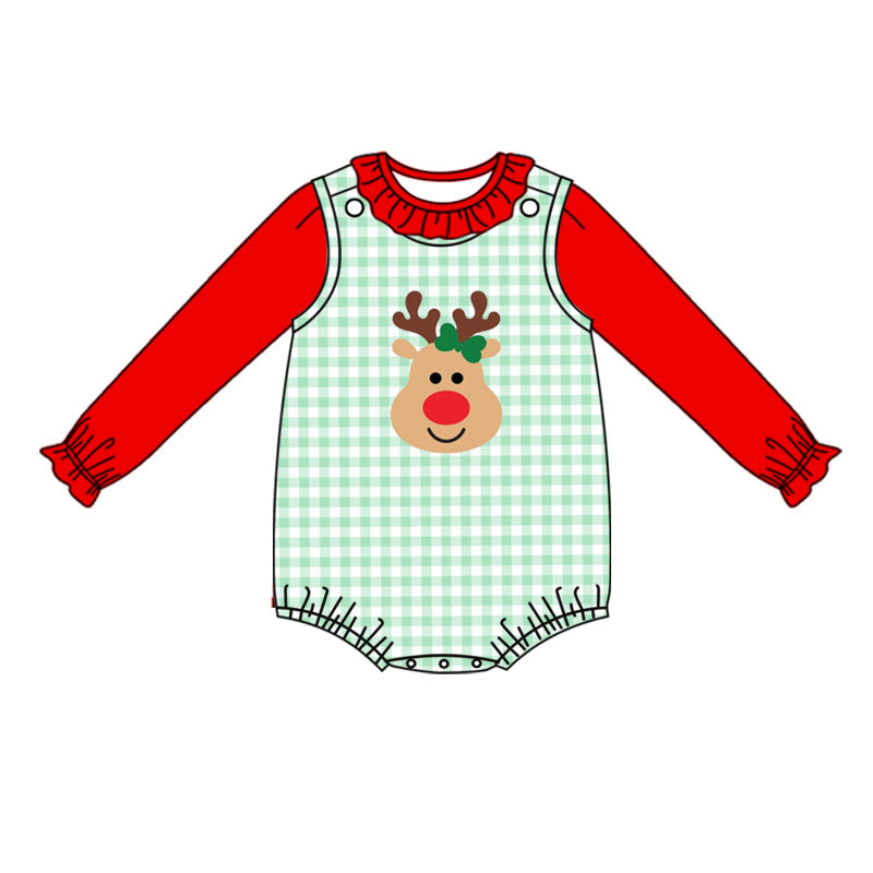 Baby Girl Red Shirt Christmas Deer Green Plaid Dress Set