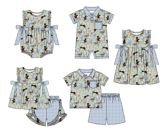 Baby Boy Girl Duck Plaid Bows Sibling Matching Dress Romper Clothes Set ( Moq 5 Each style )