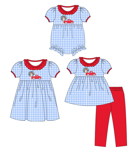 ( Moq 5 Each Style ) Baby Girls Kids Short Sleeves Truck Blue Plaid Sibling Romper Set