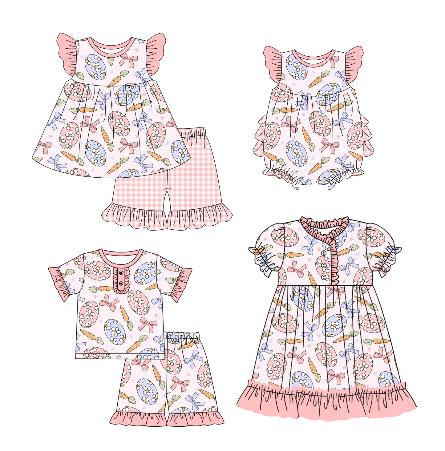 Baby Girl Short Sleeves Easter Eggs Carrots Bows Sibling Romper Dress Set ( Moq 5 Each Design ) 12.10