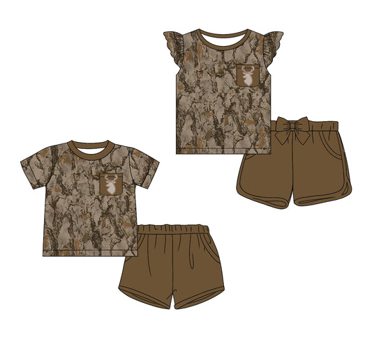 Baby Girl Short Sleeves Deer Pocket Camo Shorts Sibling Matching Set ( Moq 5 Each Design )