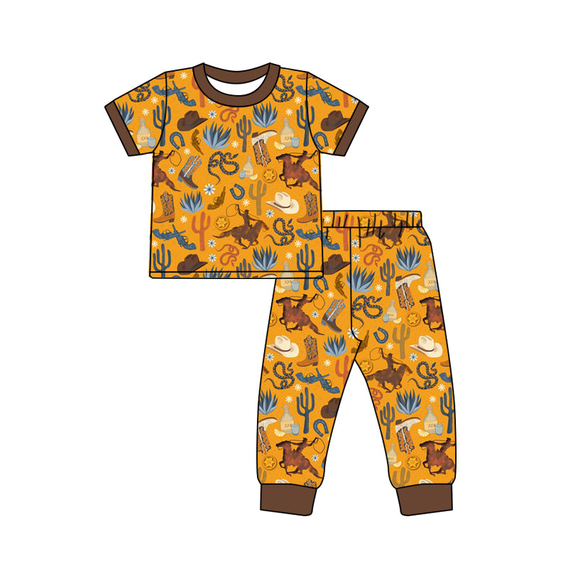 Baby Boy Toddler Short Sleeves Western Rodeo Cactus Shirt Pants Pajamas Set Moq 5