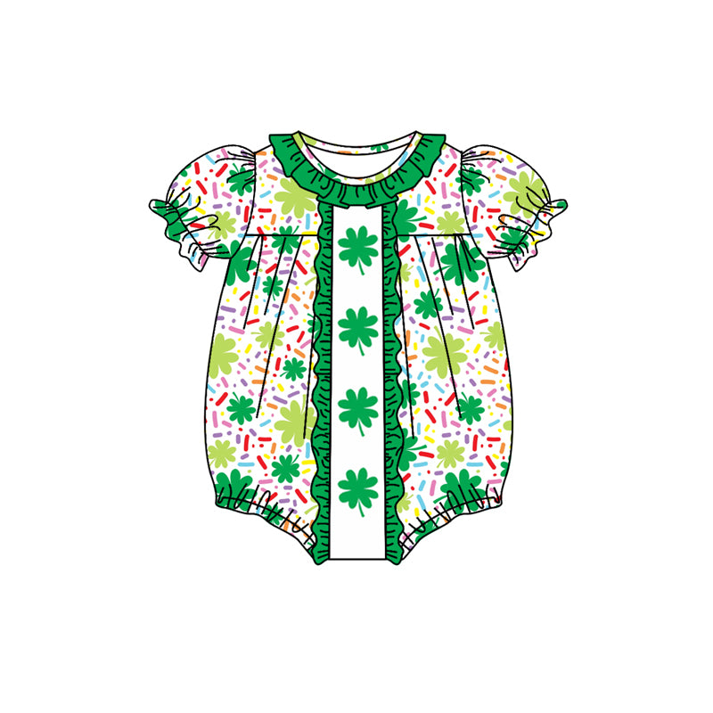 Baby Girl Infant Short Sleeves St. Patrick Clover Green Ruffle Bubble Romper Moq 5