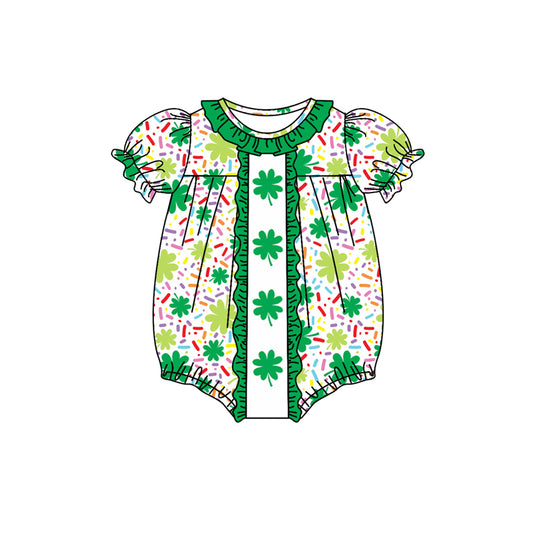 Baby Girl Infant Short Sleeves St. Patrick Clover Green Ruffle Bubble Romper Moq 5