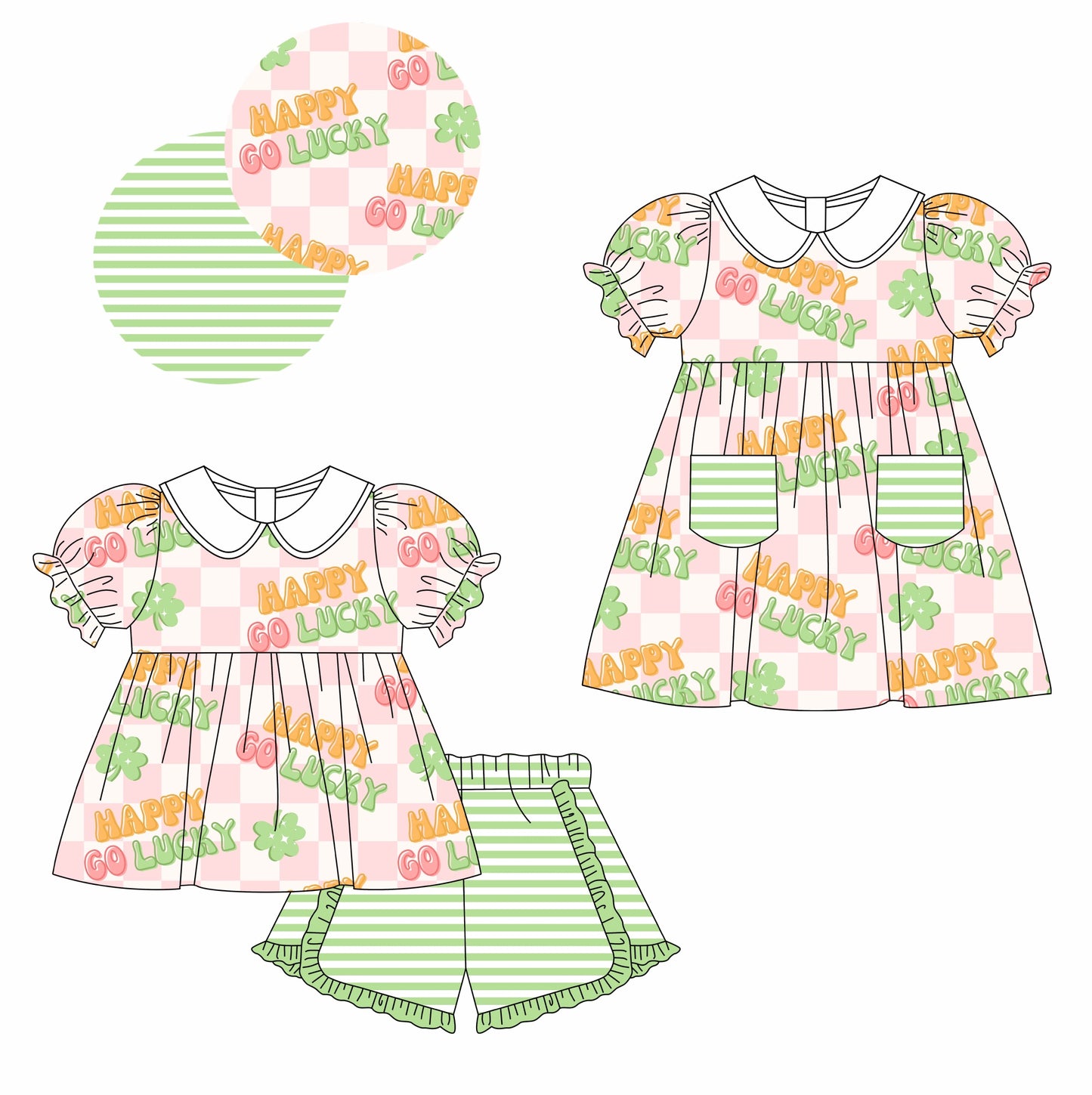 Baby Girl St. Patrick's Day Checkered Sibling Matching Romper Dress Clothes Set Moq 5 Each Design