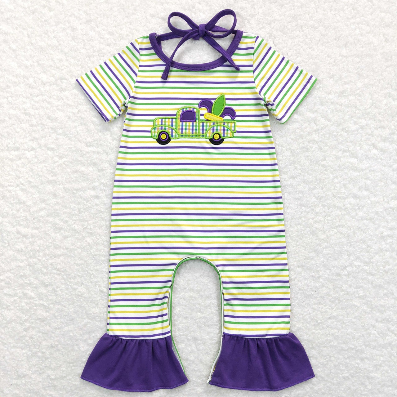 SR0518 Baby Girl Mardi Gras Short Sleeves Embroidery Truck Stripes One Piece Romper