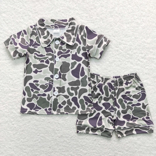 BSSO0332 Baby Boy Short Sleeves Camo Buttons Shirt Shorts Pajamas Set