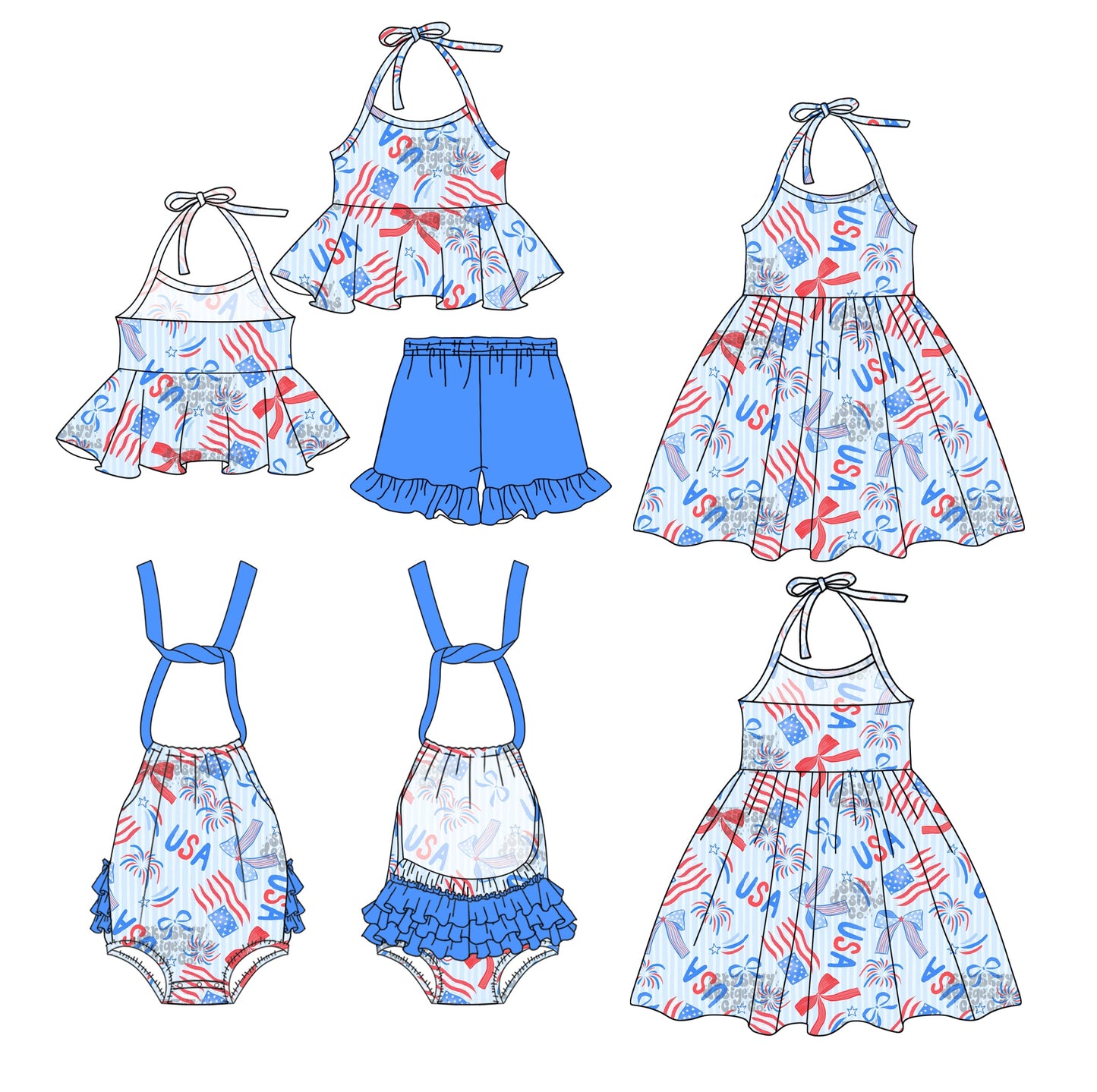Baby Girl July 4th Flags Bows Blue Sibling Romper Dress Set ( Moq 5 Each Style ) 2.27