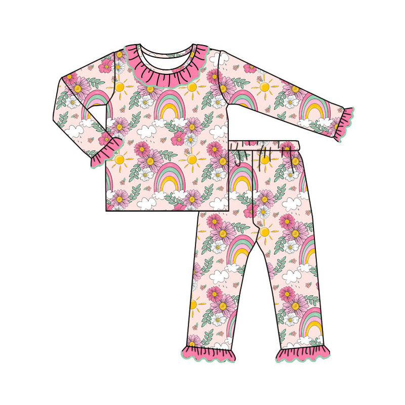 Baby Girl Long Sleeves Flower Rainbow Ruffle Shirt Pants Pajamas Set