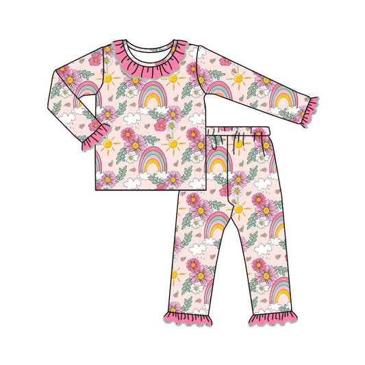 Baby Girl Long Sleeves Flower Rainbow Ruffle Shirt Pants Pajamas Set