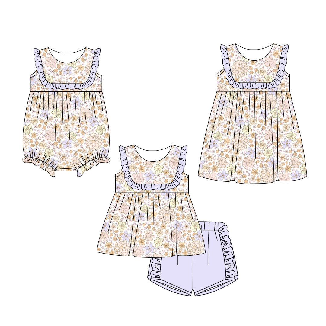( Moq 5 Each Style ) Baby Girls Kids Sleeveless Floral Purple Ruffle Sibling Romper Dress Set Clothes
