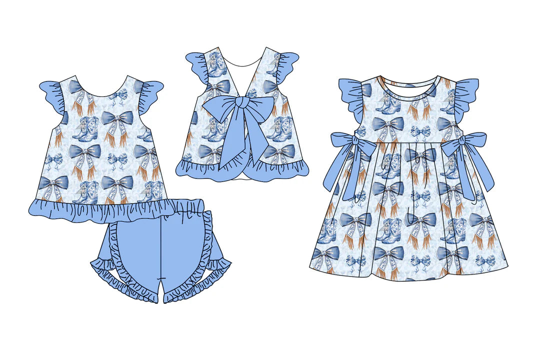 ( Moq 5 Each Style ) Baby Girls Kids Short Sleeves Bows Boots Sibling Blue Dress Set