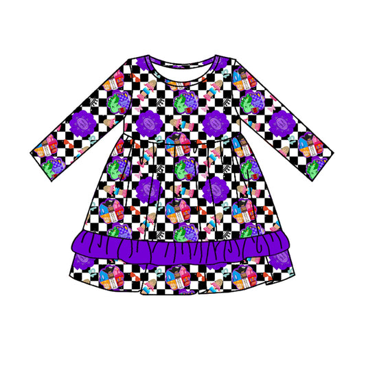 Baby Girl Long Sleeves Toys Checkered Purple Ruffle Knee Length Dress