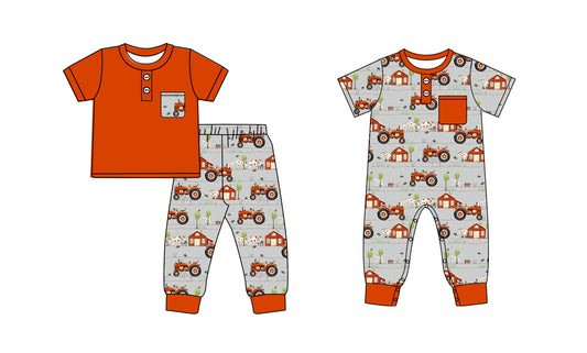 Baby Boy Farm Tractor Cow Sibling Matching Romper Set ( Moq 5 Each Design )