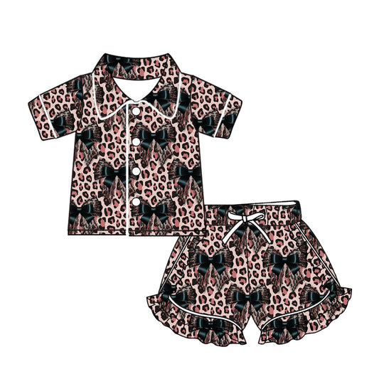 Baby Girl Flower Short Sleeves Buttons Short Leopard Bows Pajamas Clothes Set Moq 5