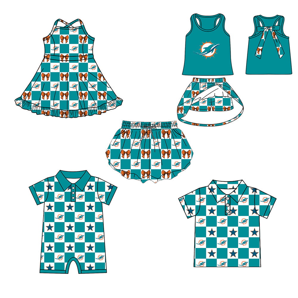 ( Moq 5 Each Style ) Baby Boys Girls Toddler Bows Team Sibling Green Shorts Dress Shirt Set Clothes