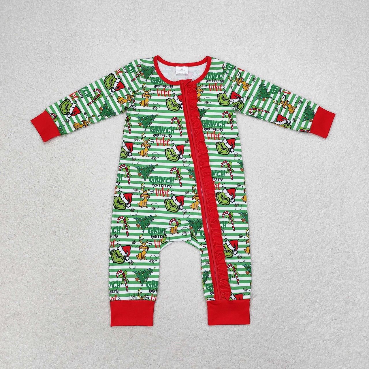 Baby Boy Long Sleeves Christmas Face Zipper Green Romper