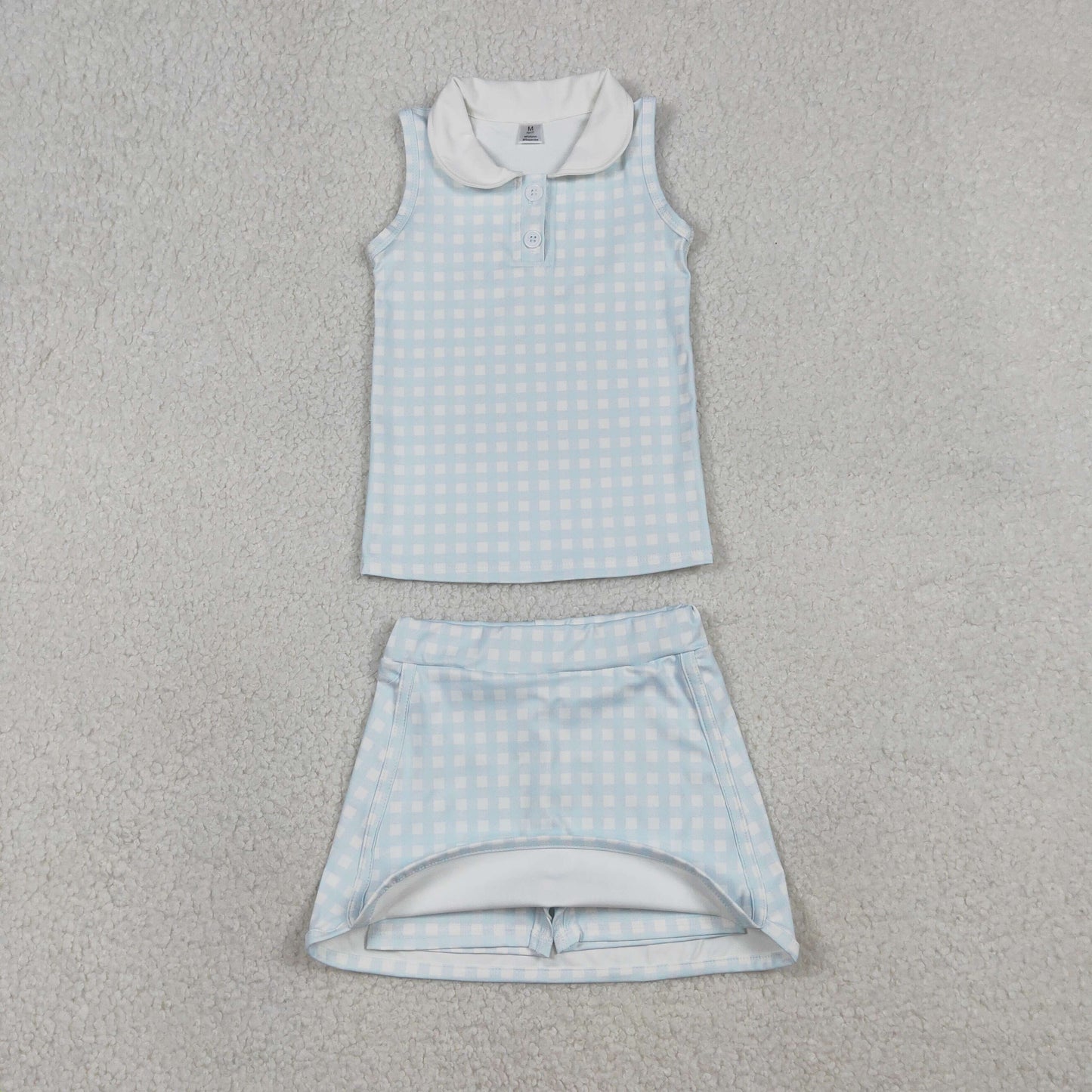 Baby Girls Sleeveless Blue Plaid Buttons Tops Skirt Shorts Yoga Clothes Set RTS