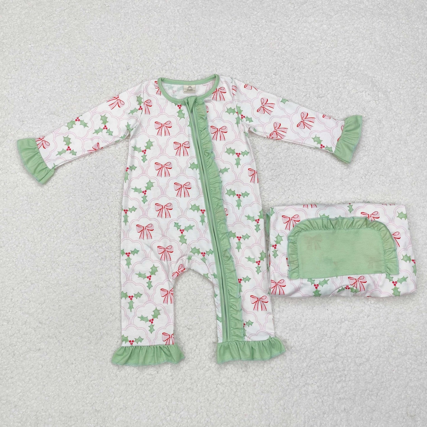 Baby Girl Long Sleeves Christmas Bows Holly Zipper Green Bamboo Romper