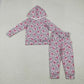 Girls Kids Long Sleeves Pink Bows Leopard Hoodie Shirt Pockets Pants Clothes Set RTS