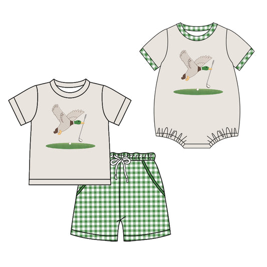 ( Moq 5 Each Style ) Sibling Baby Boys Kids Ducks Golf Shirt Shorts Green Plaid Set Romper