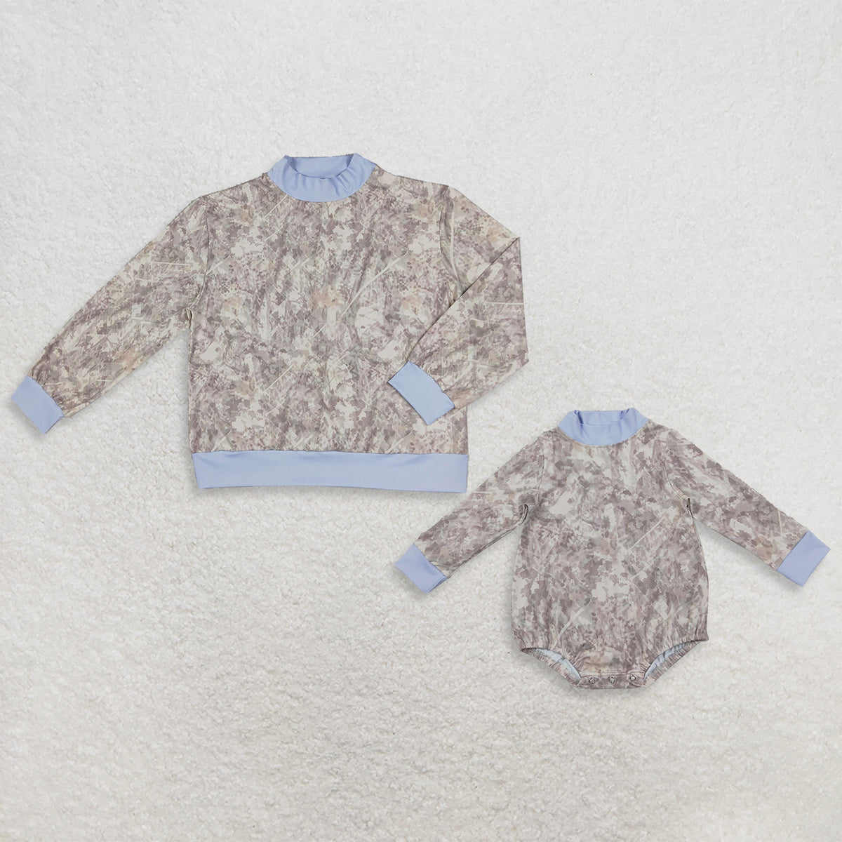 Sibling Baby Kids Adult Women Long Sleeves Camo Romper Shirt Yoga Active Blue Mock Neck Clothes RTS