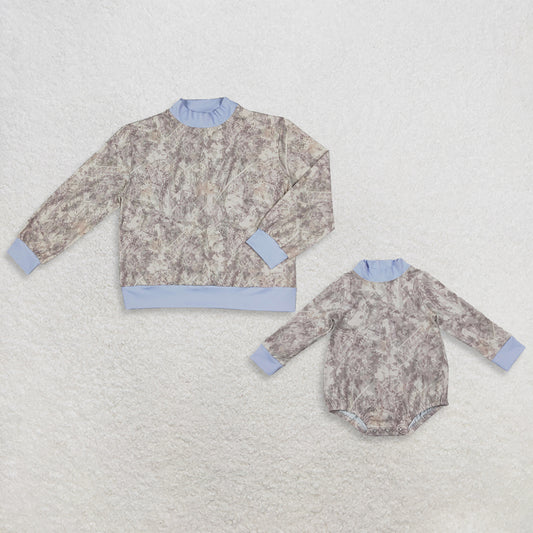 Sibling Baby Kids Adult Women Long Sleeves Camo Romper Shirt Yoga Active Blue Mock Neck Clothes RTS