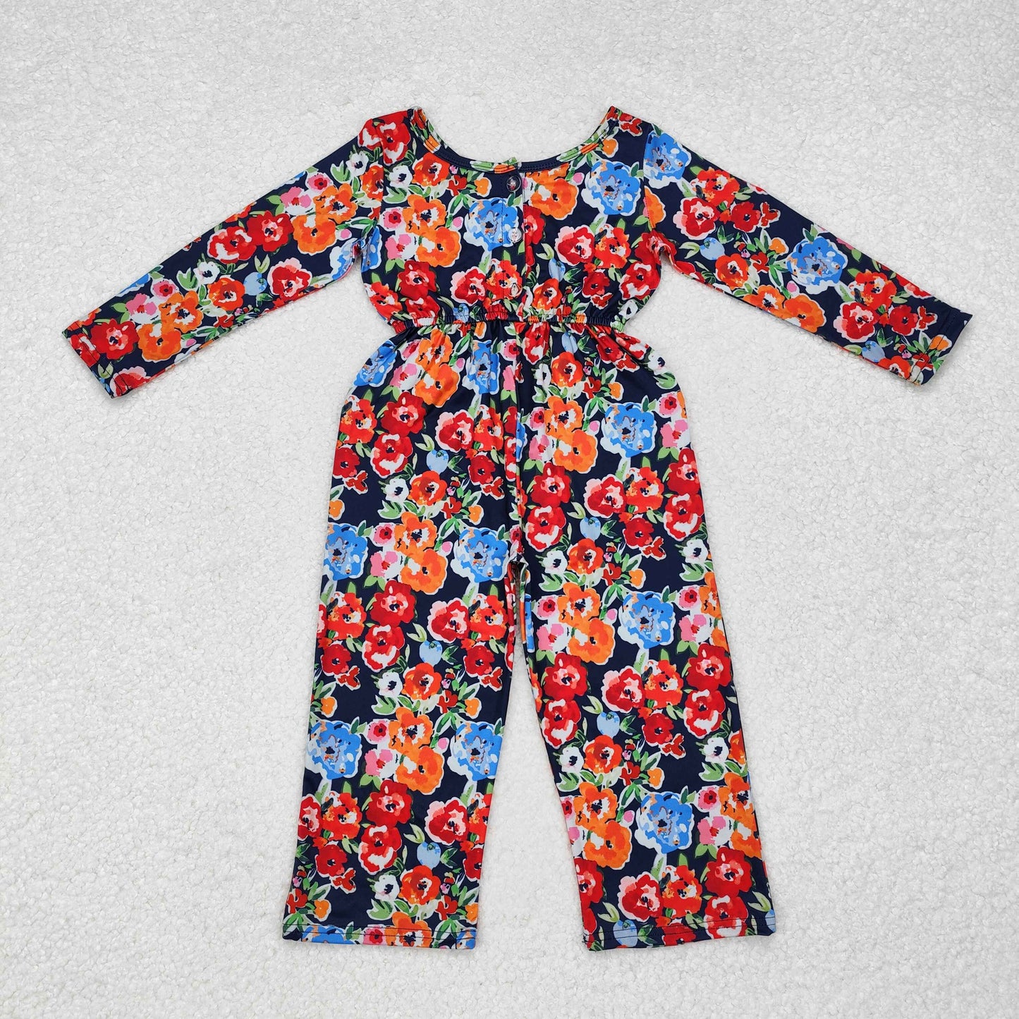 Baby Girl Flower Long Sleeves Fall Pocket Buttons Jumpsuit