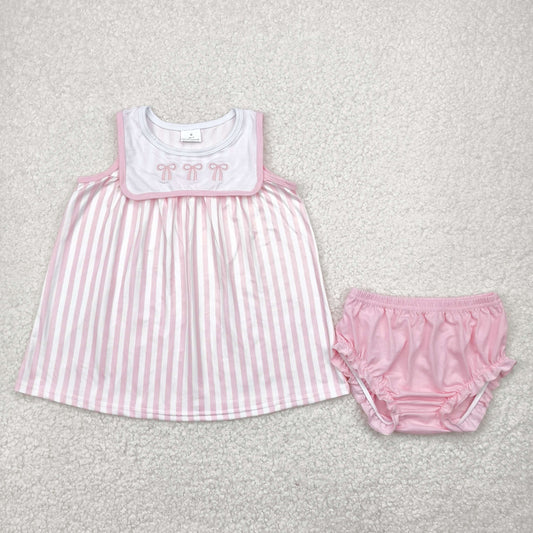 Baby Girl Sleeveless Pink Bows Stripes Tunic Bummie Embroidery Set