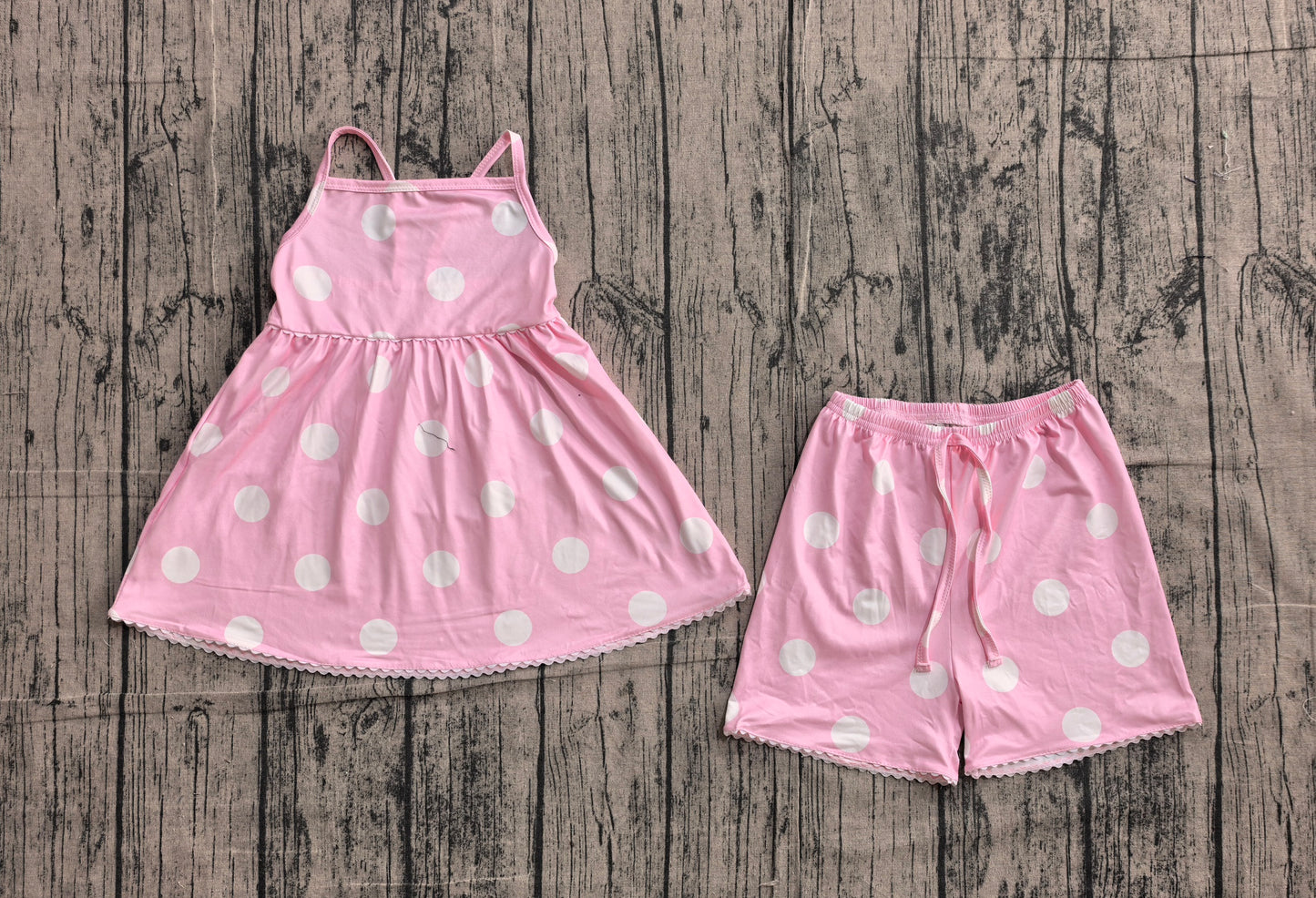 ( No moq ) Preorder Baby Girls Kids Straps Dots Tunic Shorts Summer Pink Clothes Set