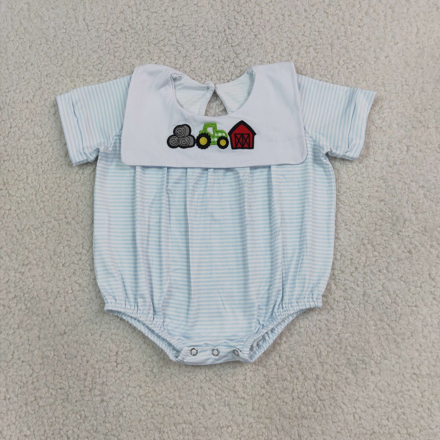 Baby Boys Kids Short Sleeves Embroidery Tractor Farm Blue Stripes Bubble Romper RTS