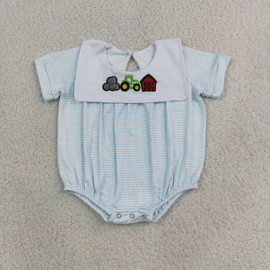Baby Boys Kids Short Sleeves Embroidery Tractor Farm Blue Stripes Bubble Romper RTS