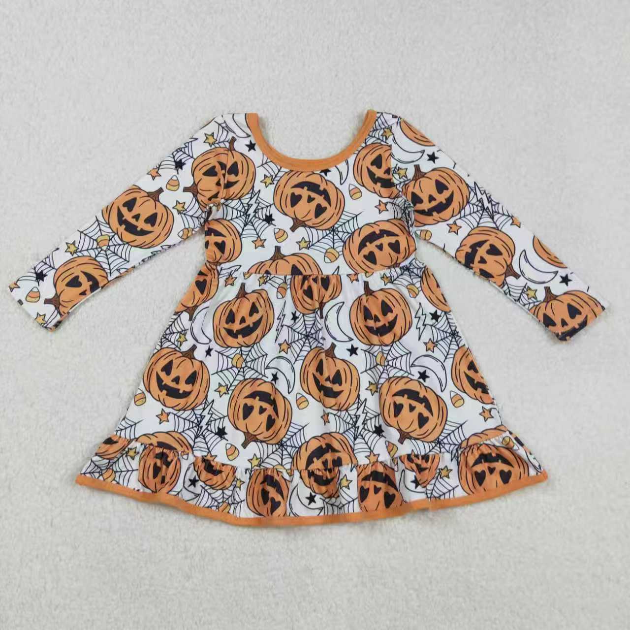 Boys Girls Toddler Long Sleeves Pumpkins Candy Corn Sibling Halloween Dress Footie Romper Set RTS
