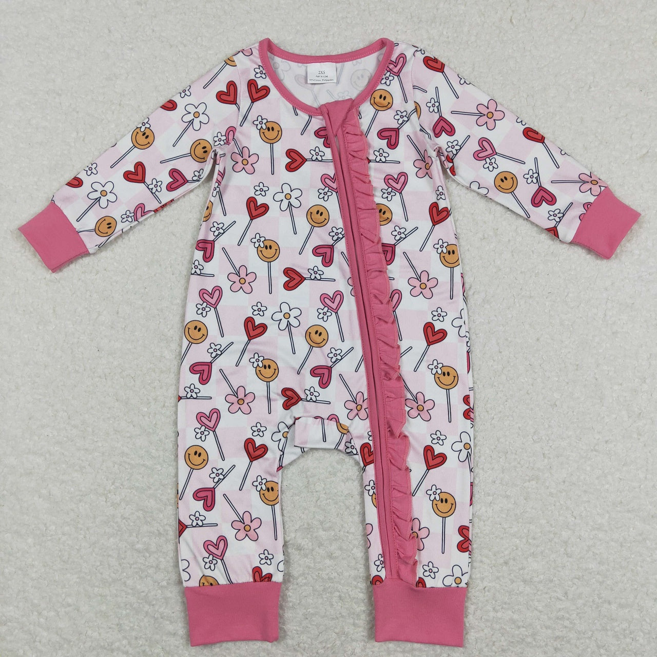 LR0884 Valentine's Day Baby Girl Long Sleeves Face Hearts Floral Zipper One Piece Romper