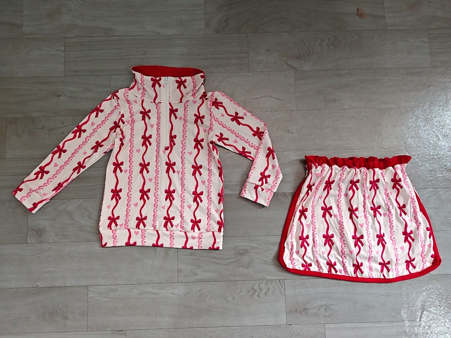 ( No moq ) Preorder Baby Girls Kids Long Sleeves Hearts Bows Shirt Skirt Shorts Valentine Set Clothes