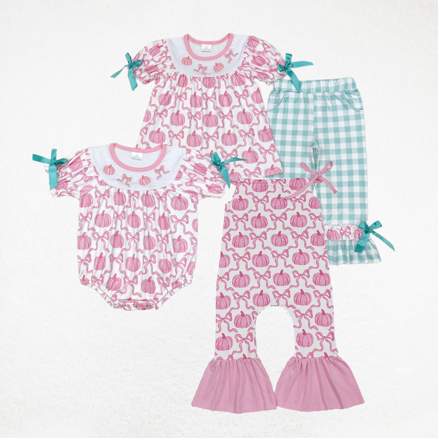 Sibling Girl Kids Pink Bows Pumpkins Fall Thanksgiving Romper Set RTS