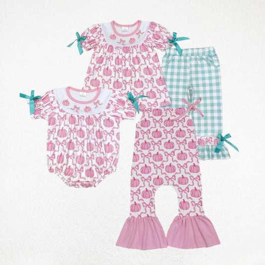 Sibling Girl Kids Pink Bows Pumpkins Fall Thanksgiving Romper Set RTS
