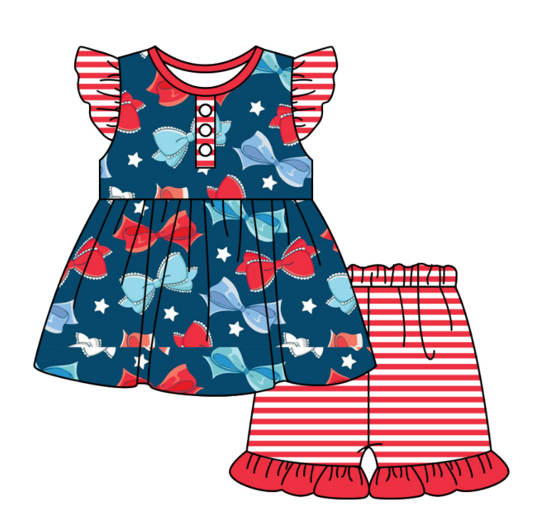 Baby Girl July 4th Bows Sibling Romper Dress Clothes Set ( Moq 5 Each Design )