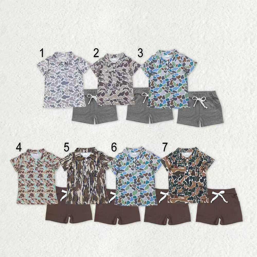Sibling Baby Boys Short Sleeves Buttons Polo Shirt Pockets Shorts Southern Camo Clothes Sets RTS