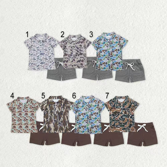 Sibling Baby Boys Short Sleeves Buttons Polo Shirt Pockets Shorts Southern Camo Clothes Sets RTS