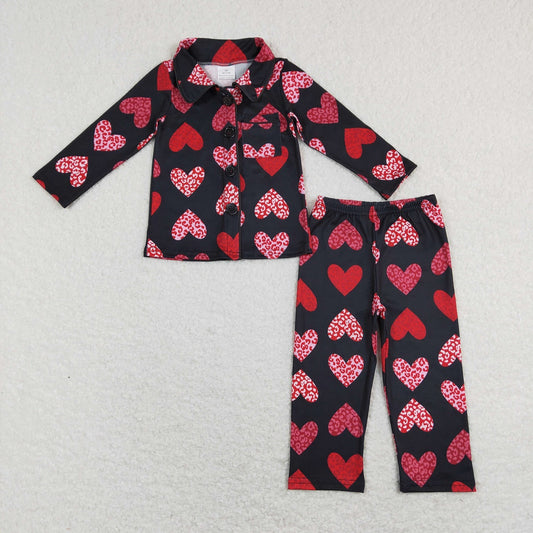 GLP1137 Baby Girl Long Sleeves Button Up Valentine's Leopard Hearts Cardigan Pants Outfit Pajamas