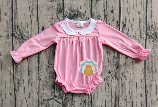 Preorder Baby Girl Pink Long Sleeves Embroidery turkey Bubble Thanksgiving Romper（ No moq ）
