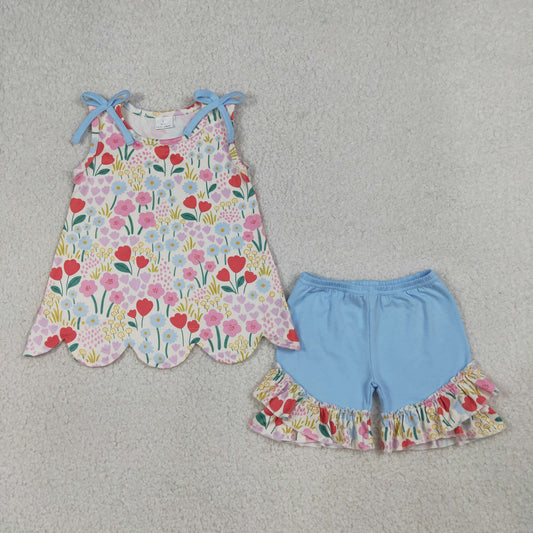 Baby Girls Kids Blue Bows Flower Scallop Tops Ruffle Shorts Summer Set RTS