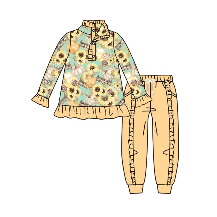 ( Moq 5 ) Preorder Baby Girls Kids Pumpkins Flower Buttons Pullover Ruffle Pockets Pants Fall Set Clothes