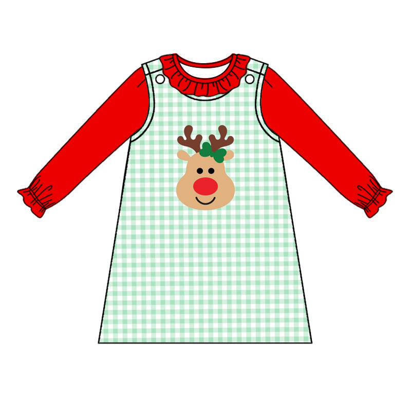 Baby Girl Red Shirt Christmas Deer Green Plaid Dress Set