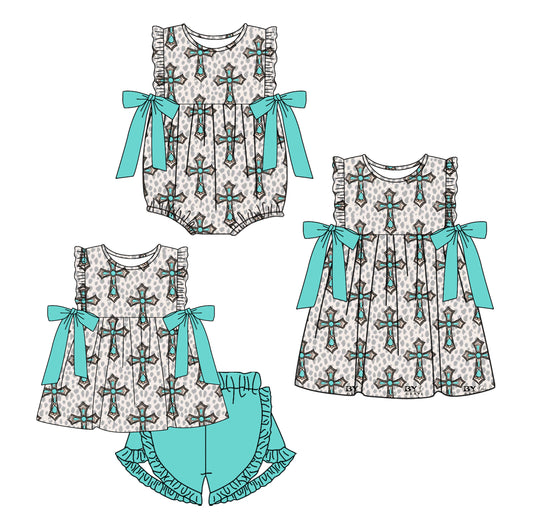 Baby Girl Easter Cross Bows Sibling Romper Dress Clothes Set ( Moq 5 Each Design )11.21