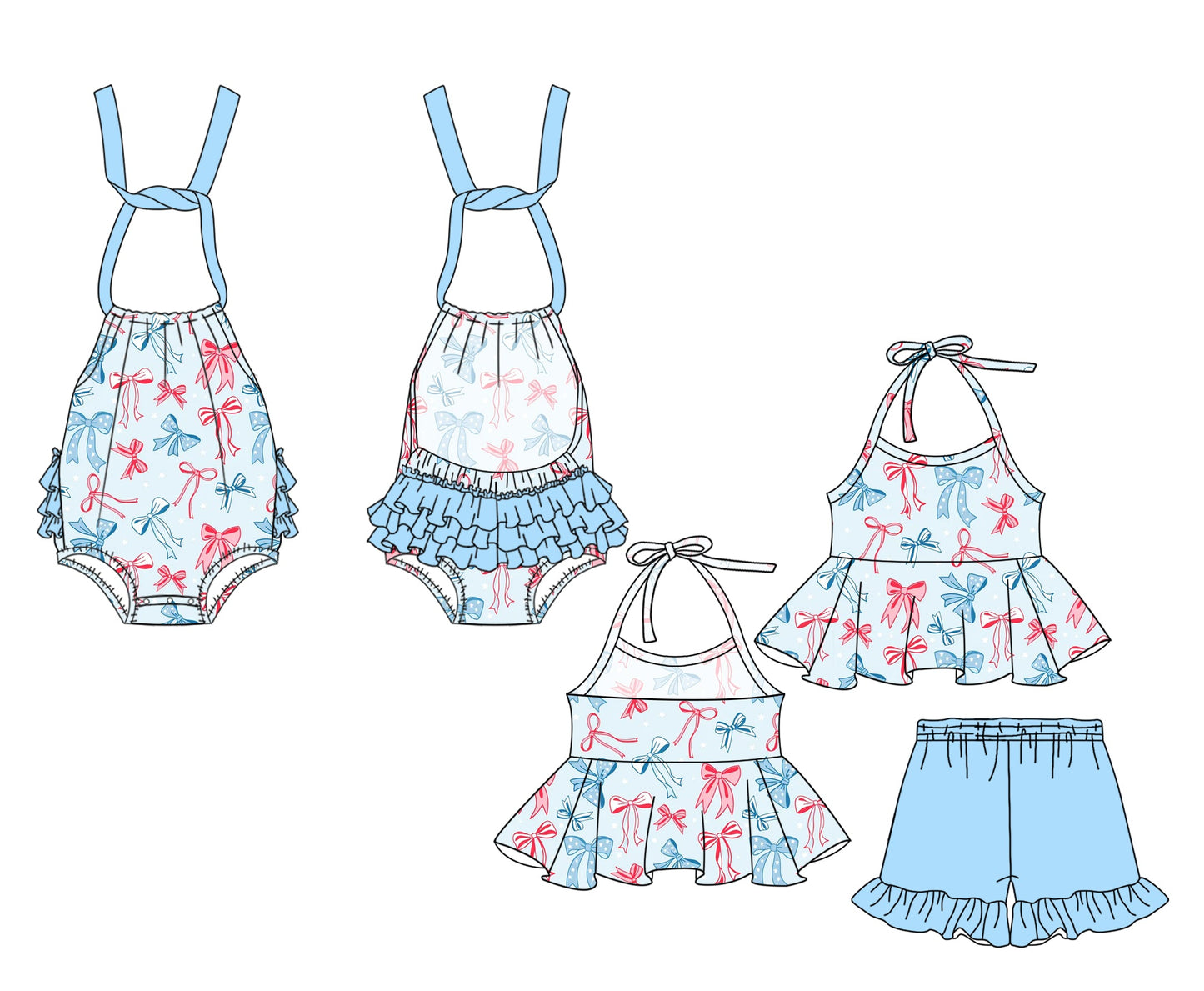 Baby Girl July 4th Bows Halter Sibling Romper Set ( Moq 5 Each Style ) 2.15