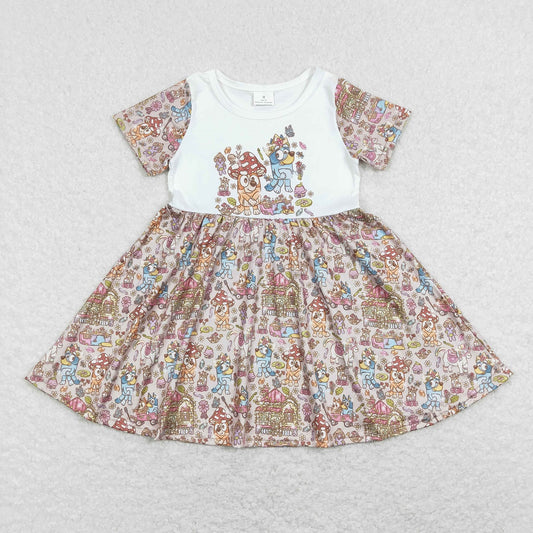 GSD0623 Baby Girl Short Sleeves Dogs Floral Twirl Dress